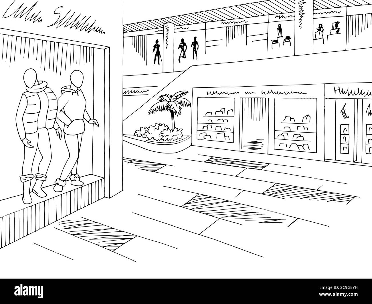 Illustration vectorielle d'un dessin d'intérieur noir blanc graphique de centre commercial Illustration de Vecteur