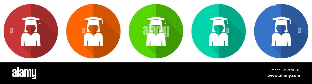 Ensemble d'icônes de troisième cycle, éducation, étudiante féminine, boutons Web à conception plate rouge, bleu, vert et orange isolés sur fond blanc, illustration vectorielle Illustration de Vecteur