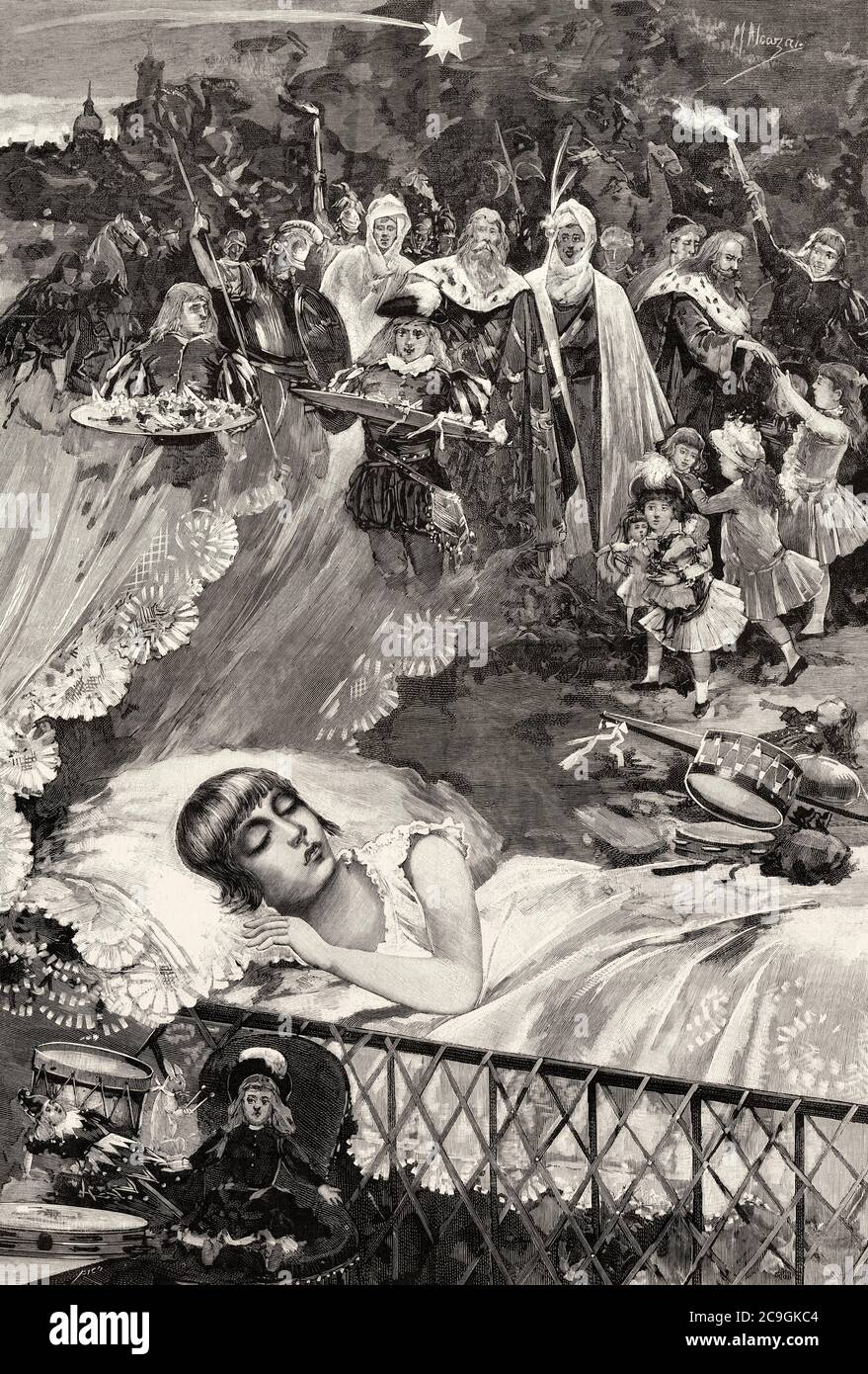 Fille du XIXe siècle dormant en attendant des cadeaux la nuit des trois sages, dessin de Manuel Alcázar Ruiz (1858 - 1914) peintre espagnol, illustrateur, dessinateur et graveur, Espagne. Illustration gravée de la Ilustracion Española y Americana datant du XIXe siècle 1890 Banque D'Images