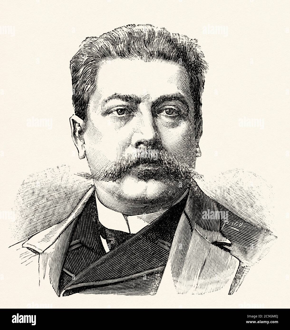 Portrait de Jose Diaz Falcon agent de la société transatlantique espagnole, une compagnie de transport maritime pour les grands navires transocéaniques à Montevideo, Uruguay. Illustration gravée de la Ilustracion Española y Americana datant du XIXe siècle 1890 Banque D'Images
