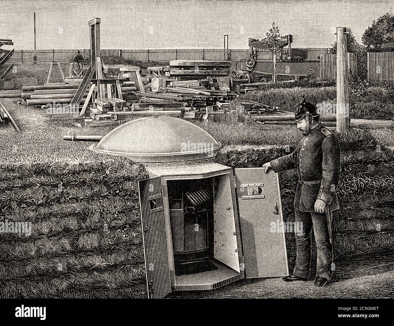 Installation au sol d'une charriot métallique blindée armée d'un Krupp-Schuman de la fin du XIXe siècle. Illustration gravée de la Ilustracion Española y Americana datant du XIXe siècle 1890 Banque D'Images