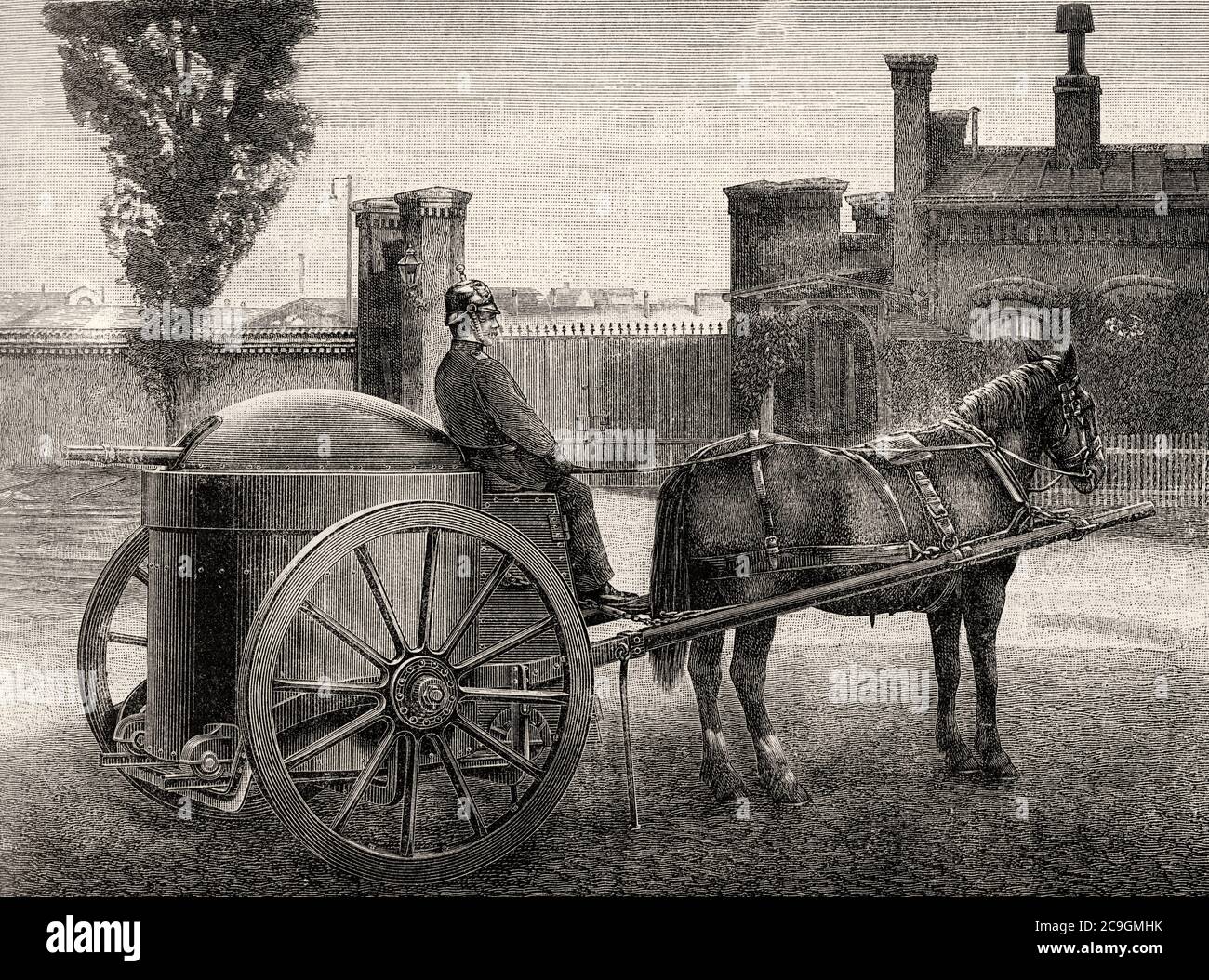 Transport d'une charriot métallique blindée armée d'un Krupp-Schuman de la fin du XIXe siècle. Illustration gravée de la Ilustracion Española y Americana datant du XIXe siècle 1890 Banque D'Images