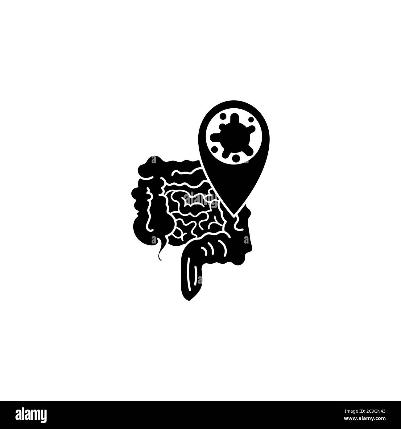 Virus, bactéries et intestins, icône de l'intestin, symbole, signe. Coronavirus, icône COVID-19, logo noir sur fond blanc. 2019-ncov Illustration de Vecteur