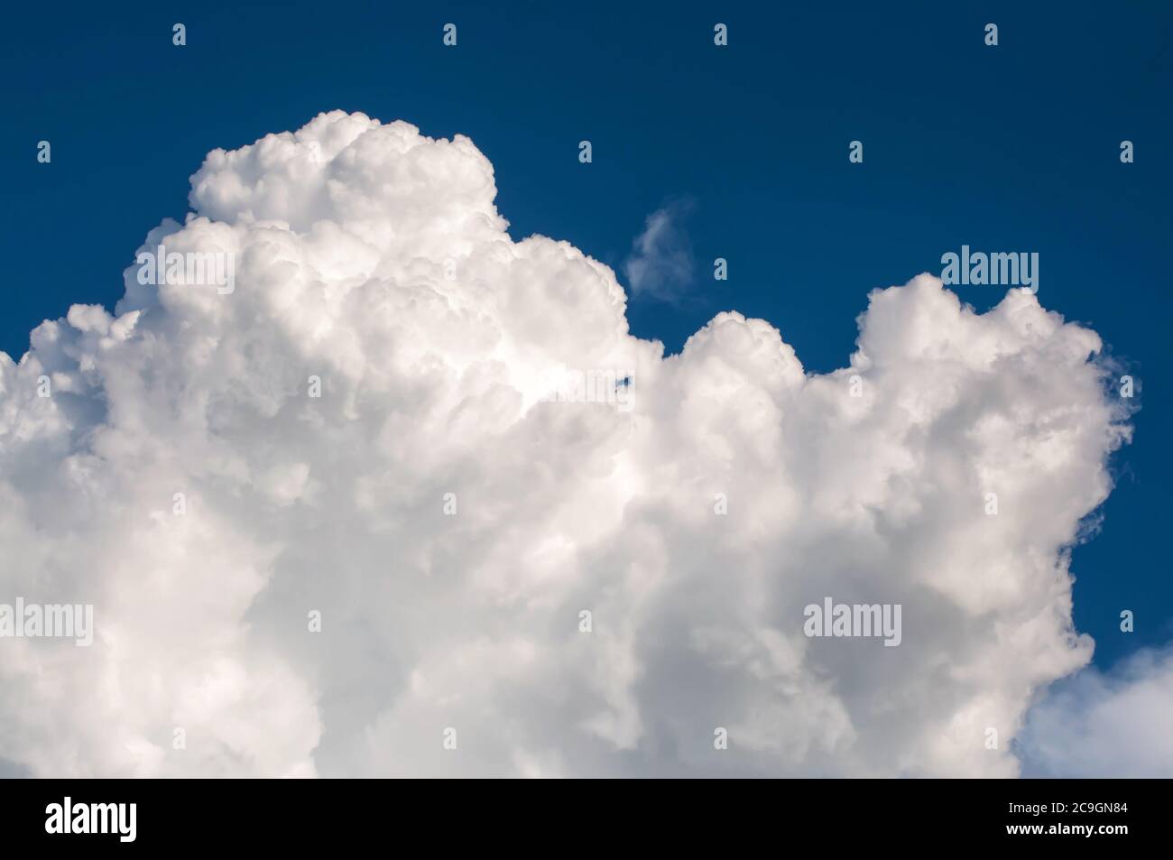 Nuage blanc bouffé sur ciel bleu, nuages de pluie massifs, nuage moelleux Cumulonimbus. Banque D'Images