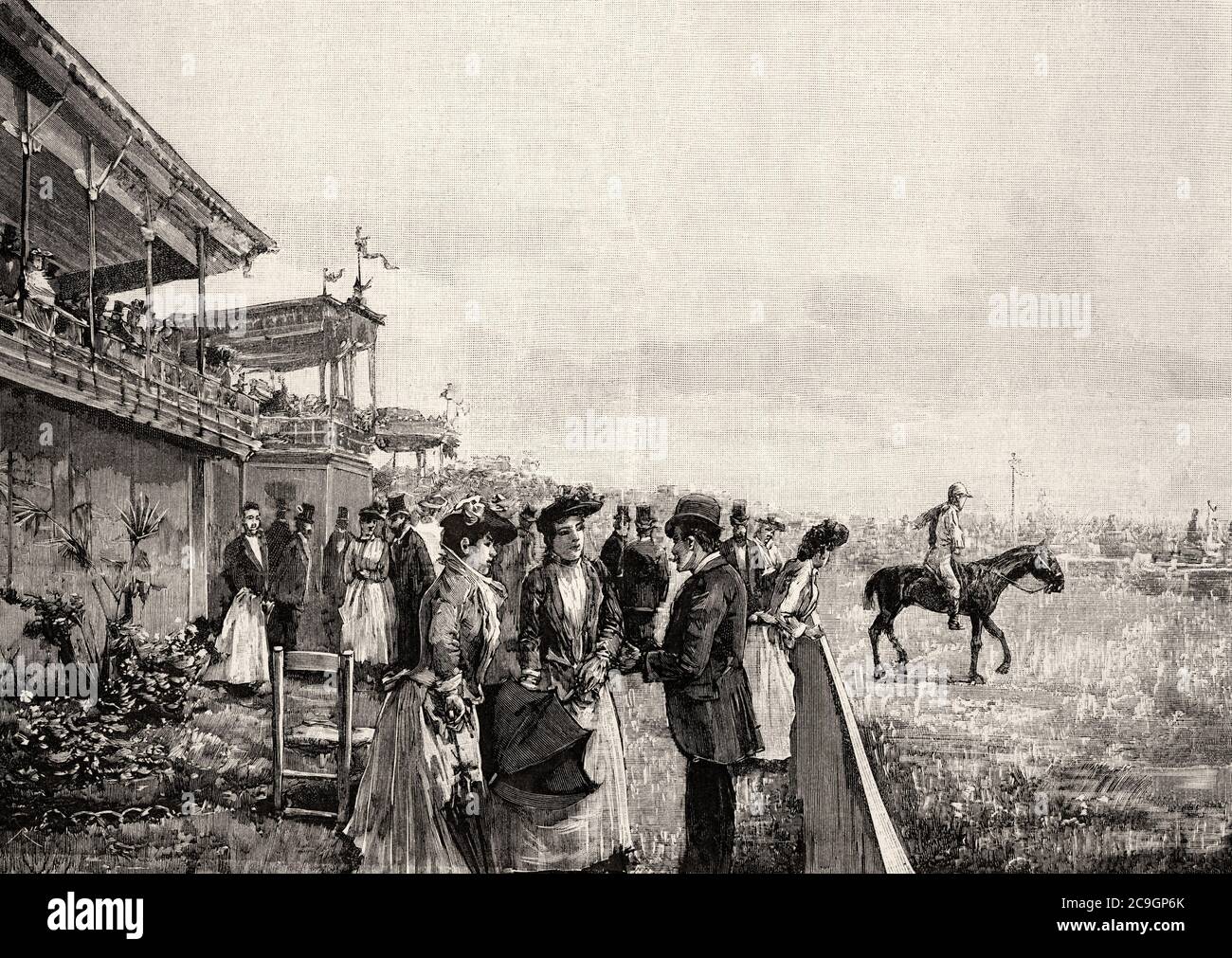 Société espagnole du XIXe siècle, Paris hippiques à l'hippodrome de Madrid 1890, Espagne. Illustration gravée de la Ilustracion Española y Americana datant du XIXe siècle 1890 Banque D'Images