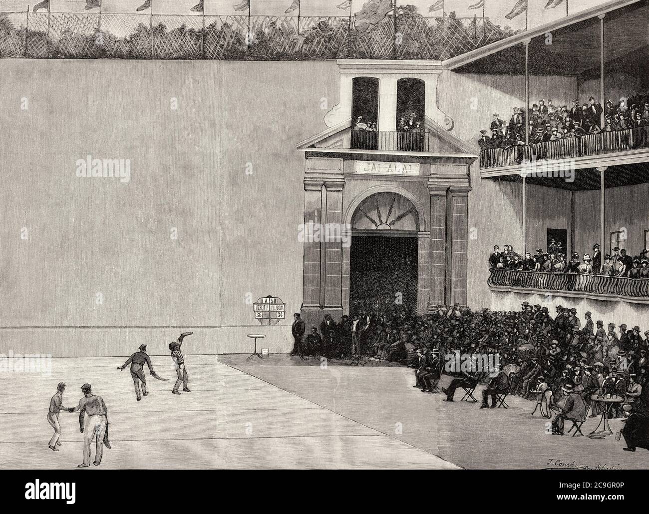 Jouer au ballon basque dans le fronton de Jai-Alai de San Sebastián 1890, pays basque. Espagne. Illustration gravée de la Ilustracion Española y Americana datant du XIXe siècle 1890 Banque D'Images