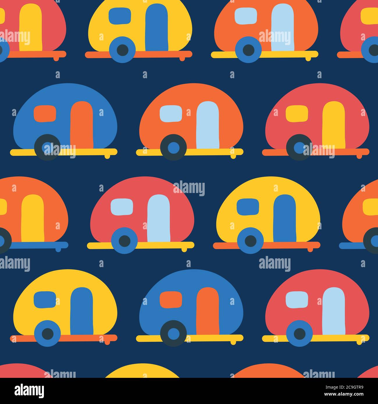 Camping caravanes motif vectoriel sans couture. Camping-cars rétro fond vectoriel sans couture rouge, bleu, jaune et orange. Style scandinave plat. Illustration de Vecteur