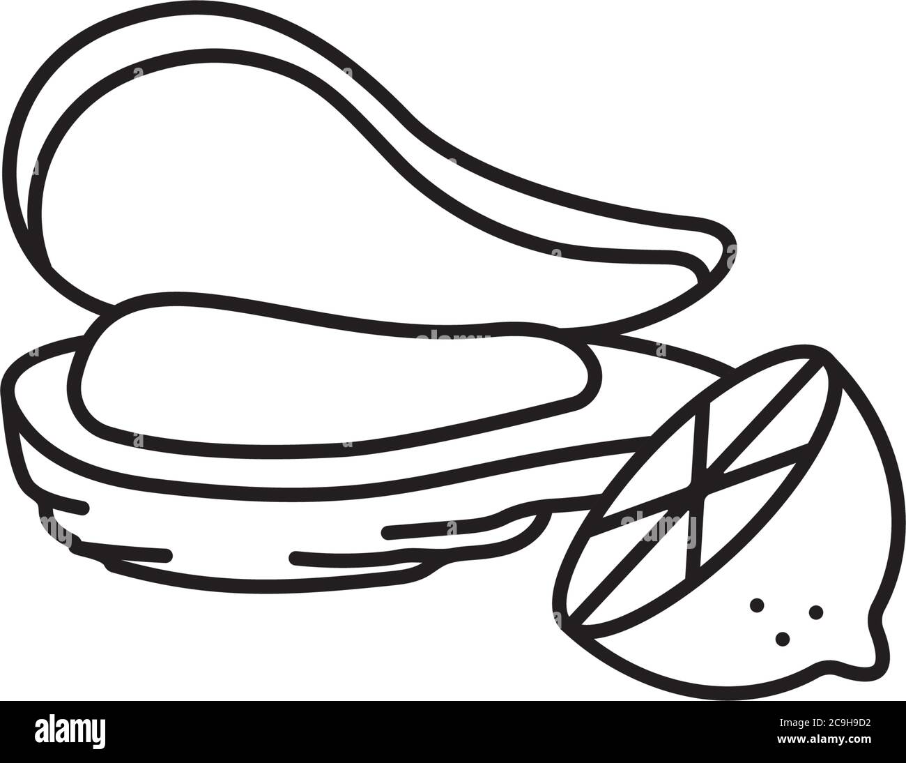 Icône représentant une ligne vectorielle d'huîtres fraîches et de demi-citron. Symbole contour des fruits de mer. Illustration de Vecteur
