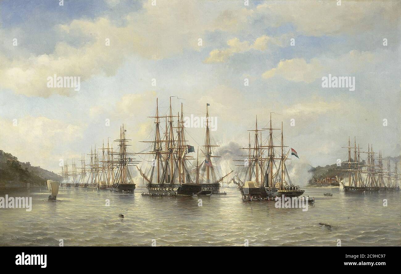 J.E. van Heemskerck van Beest escadrons néerlandais, anglais, français et américain dans les eaux japonaises 1864. Banque D'Images