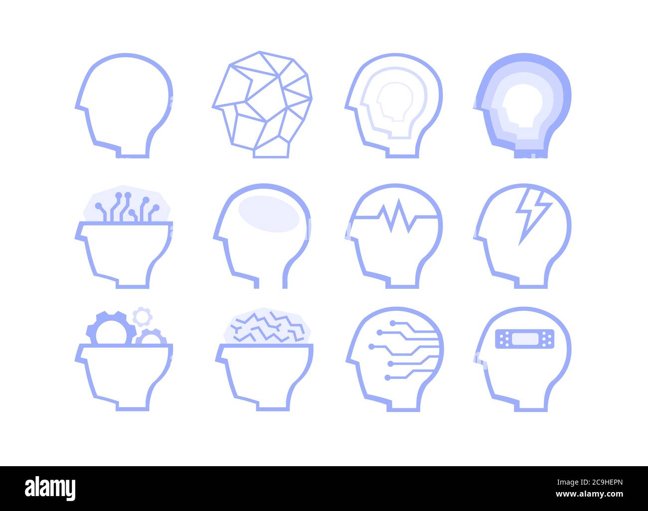 Ensemble d'icônes de motivation et de tête humaine. Ensemble d'icônes de tête de différents types. Illustration de Vecteur