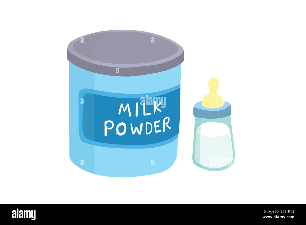 Lait en conserve et bouteille de lait isolée sur fond gris. Le lait en poudre est un grand produit laitier. Illustration de Vecteur