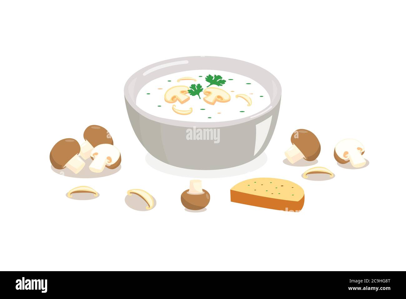 Soupe de champignons dans un bol avec pain isolé sur fond blanc. Illustration de Vecteur