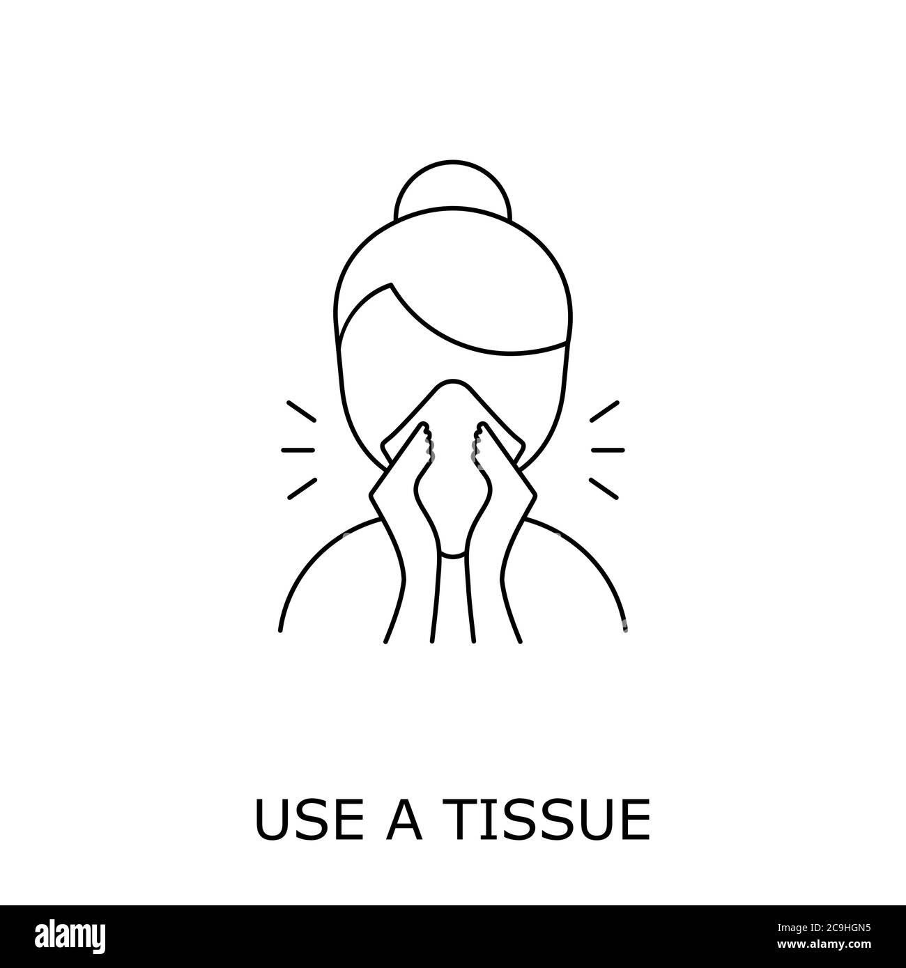 Icône de ligne d'éternuement. Femme soufflant son nez dans un papier de soie. Utilisez du tissu. Couvrir la bouche et le nez lors de la toux et des éternuements. Hygiène personnelle. Vecteur Illustration de Vecteur