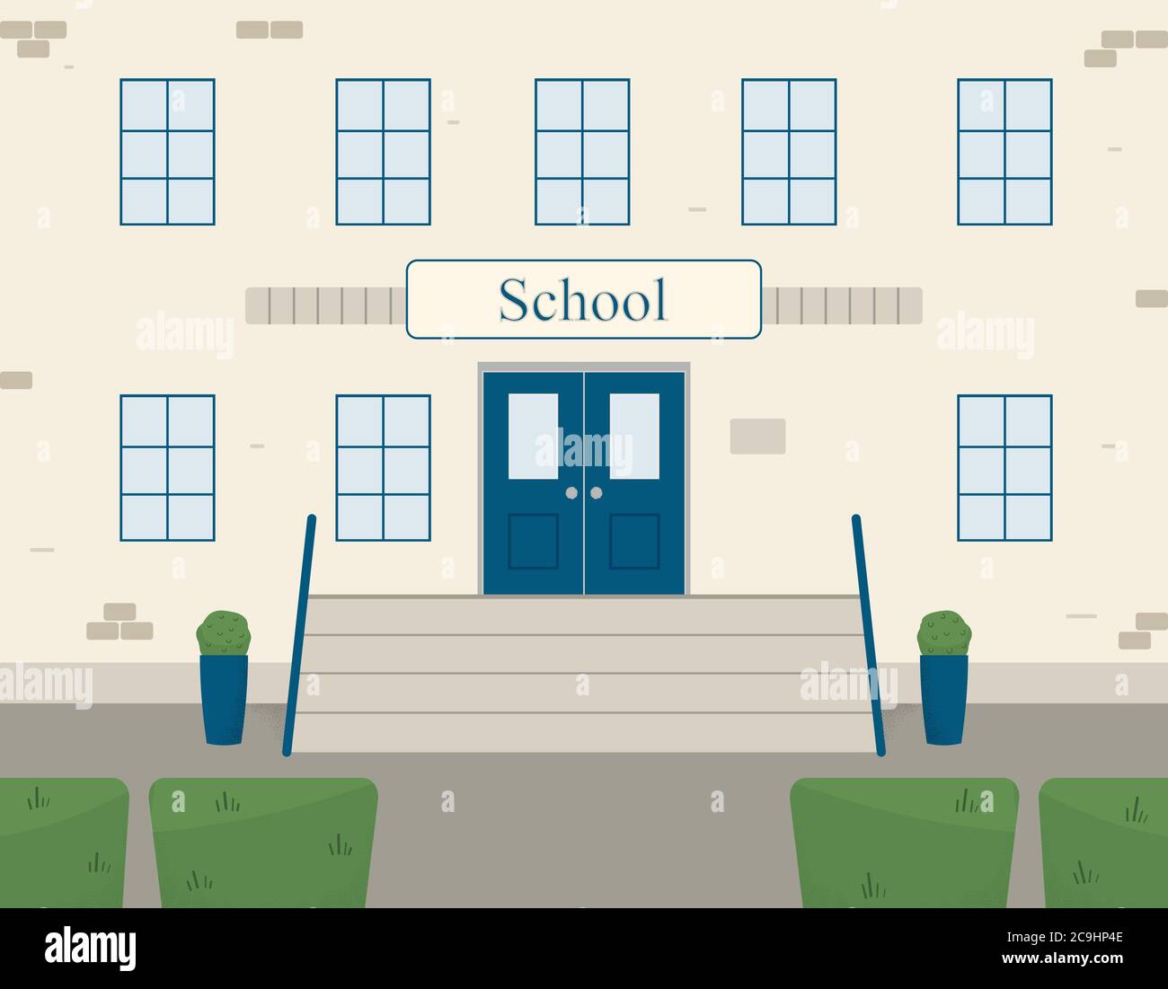 Façade classique en brique du bâtiment de l'école. Entrée avec une véranda avec des marches pour l'établissement d'enseignement. Illustration vectorielle Illustration de Vecteur