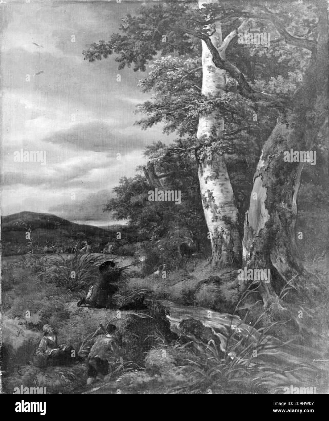 Jacob van Ruisdael et Johannes Lingelbach - Paysage avec une scène de chasse. Banque D'Images