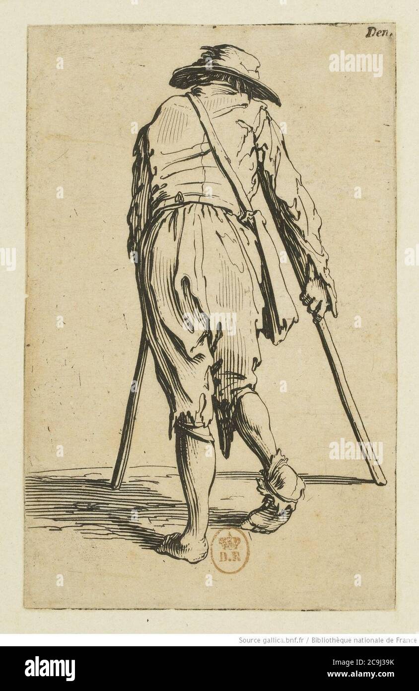 Jacques Callot - les Gueux (05) - le menu aux béquilles coïffé d'un chapeau et vu de dos. Banque D'Images