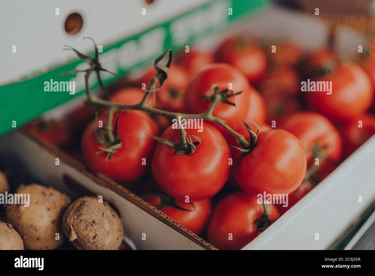 Tomates cerises rouges fraîches sur la vigne en vente sur un marché de rue, sélectif peu profond foyer. Banque D'Images