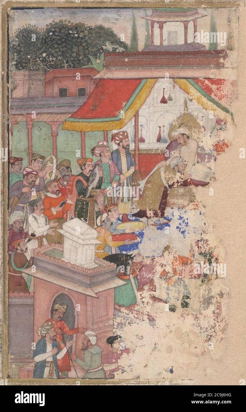 Jahangir investissant un courtier avec une robe d'honneur regardé par Sir Thomas Roe, ambassadeur d'anglais à la cour de Jahangir à Agra de 1615 à 18, et d'autres. Banque D'Images