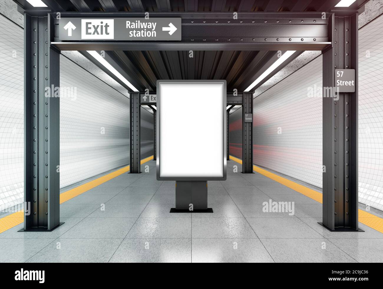 Panneau d'affichage vertical vierge sur la station de métro. Illustration 3D. Banque D'Images