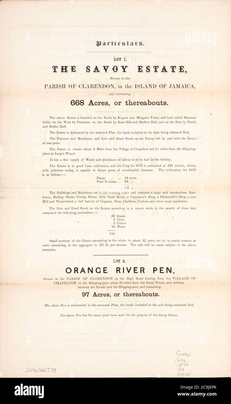 Jamaïque, détails et conditions de vente d'une précieuse propriété de sucre - connue sous le nom de Savoie, avec une série de terres appelée Orange River Pen, dans la paroisse de Clarendon, dans l'île de la Jamaïque, contenant Banque D'Images