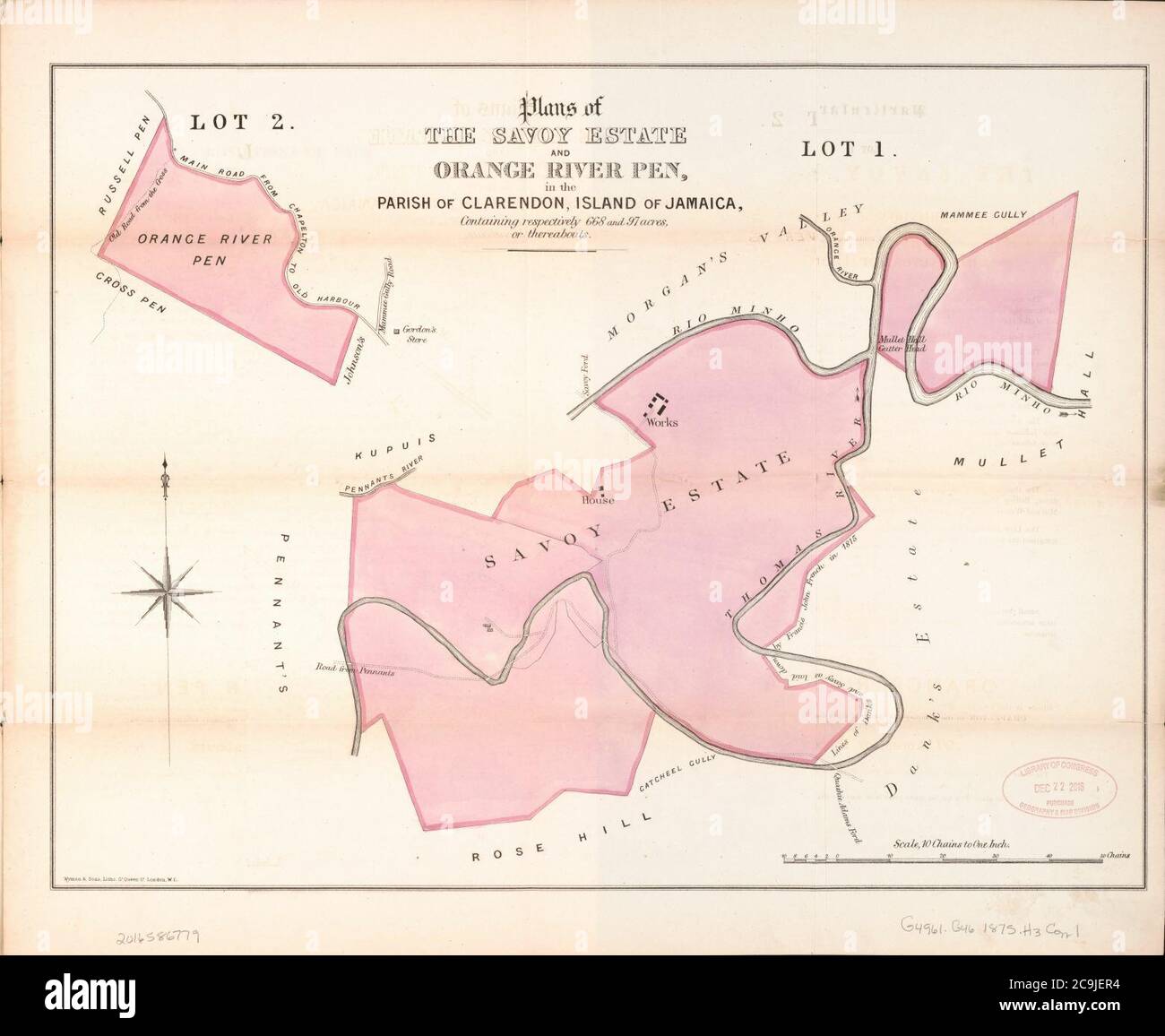 Jamaïque, détails et conditions de vente d'une précieuse propriété de sucre - connue sous le nom de Savoie, avec une série de terres appelée Orange River Pen, dans la paroisse de Clarendon, dans l'île de la Jamaïque, Banque D'Images