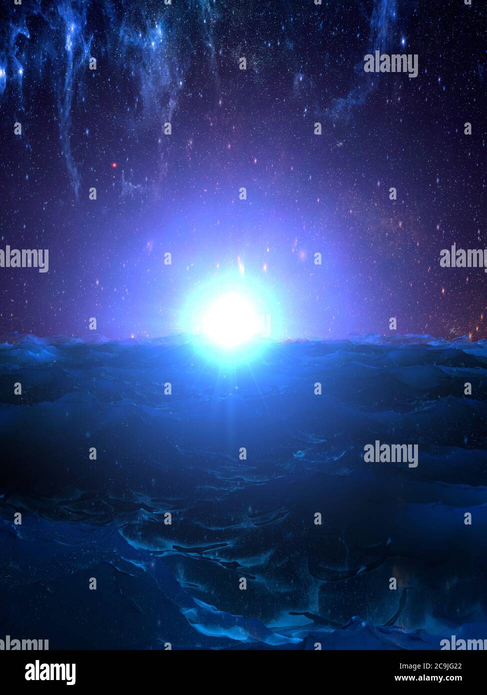 Coucher de soleil sur une planète extraterrestre, illustration. Banque D'Images