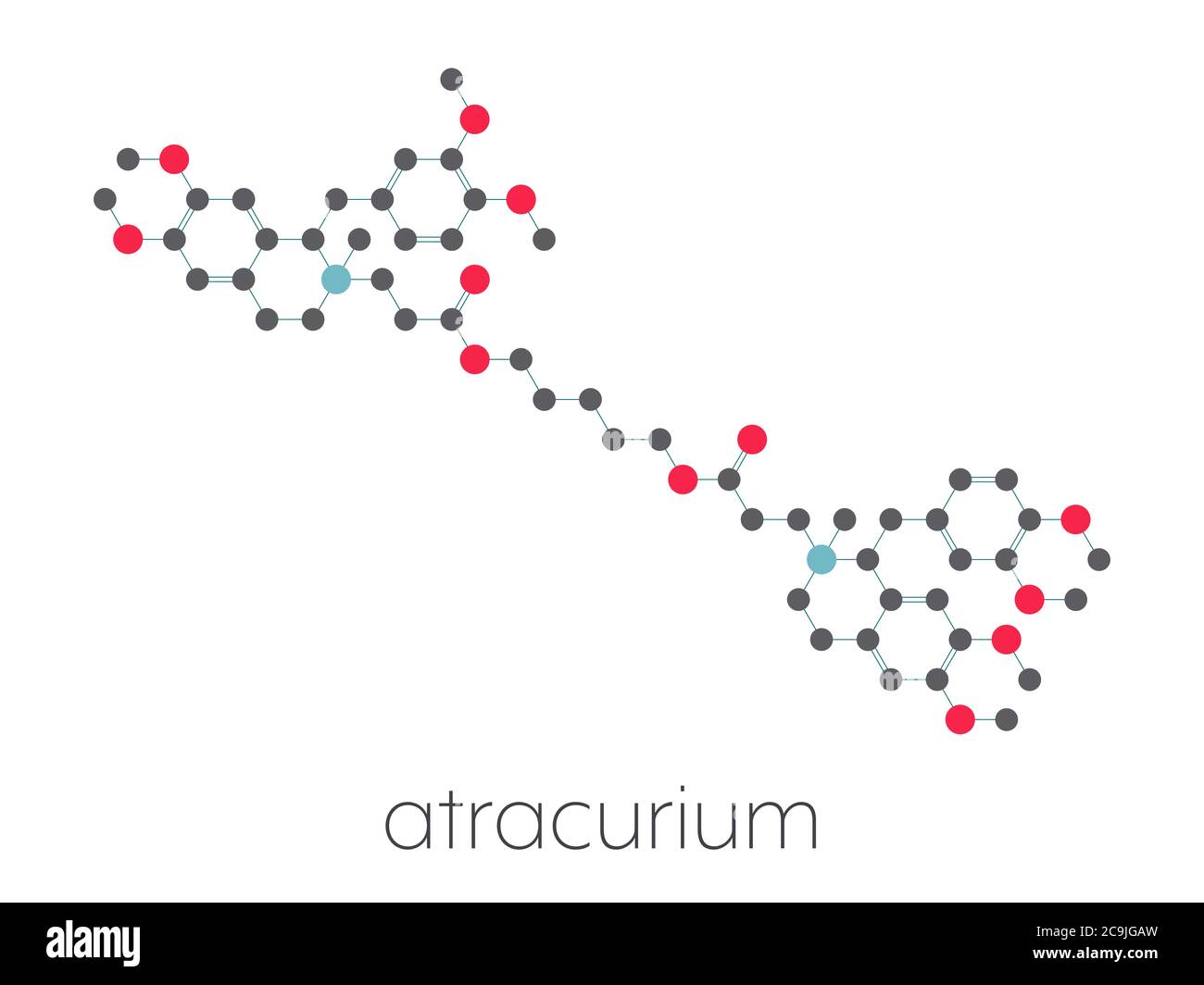 Médicament de relaxation du muscle squelettique d'atracourium. Utilisé comme adjuvant dans l'anesthésie et pour induire la relaxation du muscle squelettique pendant la chirurgie. Squelette stylisé pour Banque D'Images