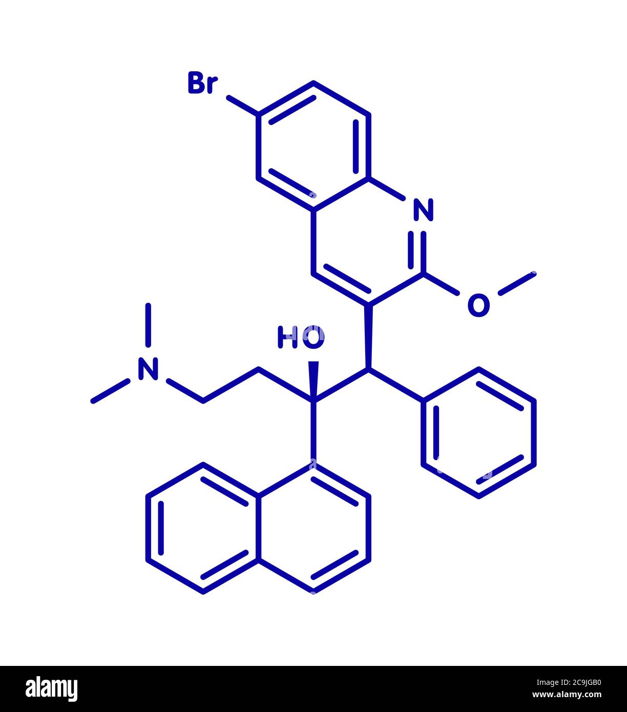 Médicament contre la tuberculose de bédaquiline. Diarylquinoline antibactérien utilisé dans le traitement des infections de mycobacterium tuberculosis. Formule bleue du squelette sur le blanc Banque D'Images