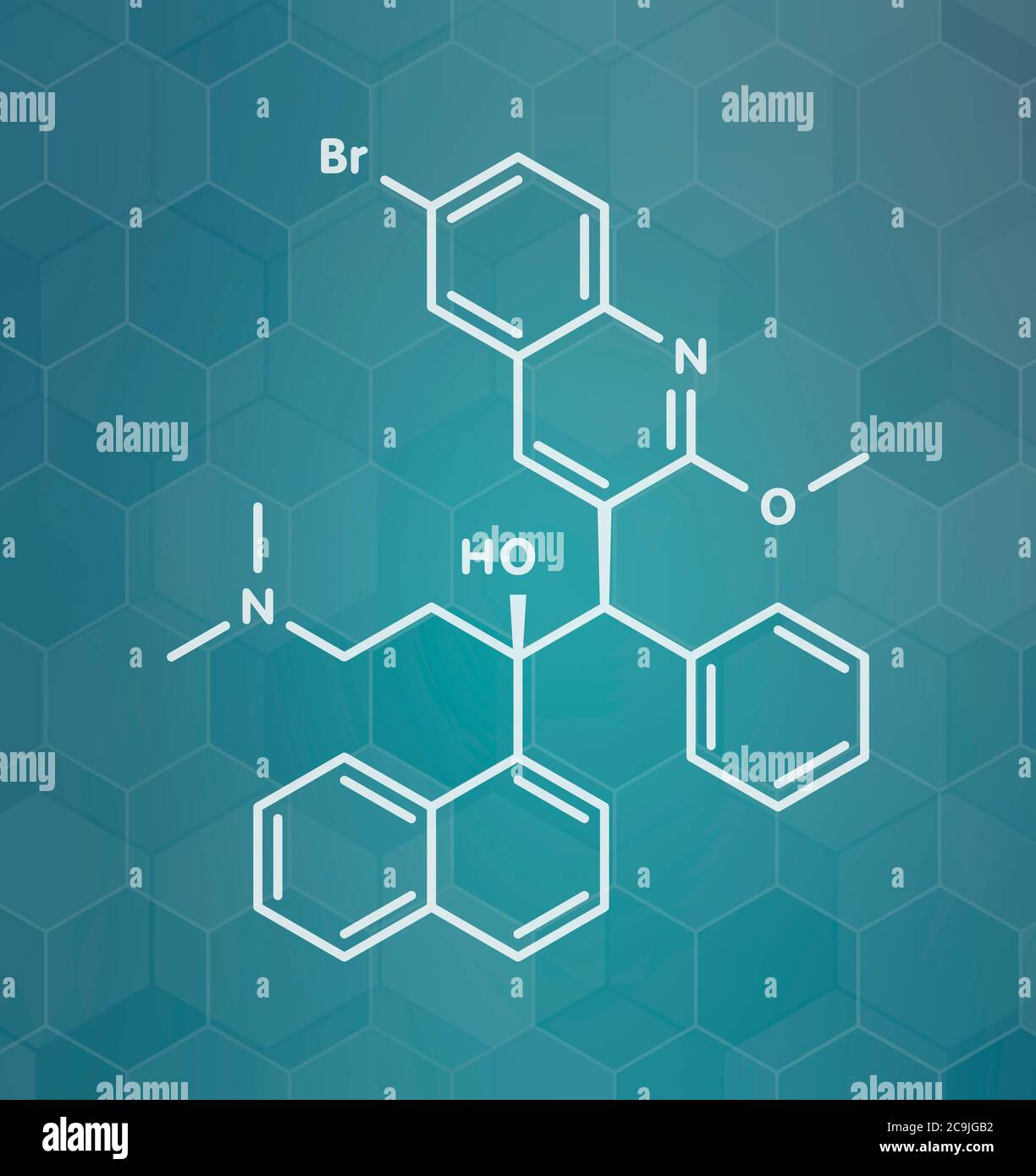 Médicament contre la tuberculose de bédaquiline. Diarylquinoline antibactérien utilisé dans le traitement des infections de mycobacterium tuberculosis. Formule blanche du squelette sur dar Banque D'Images