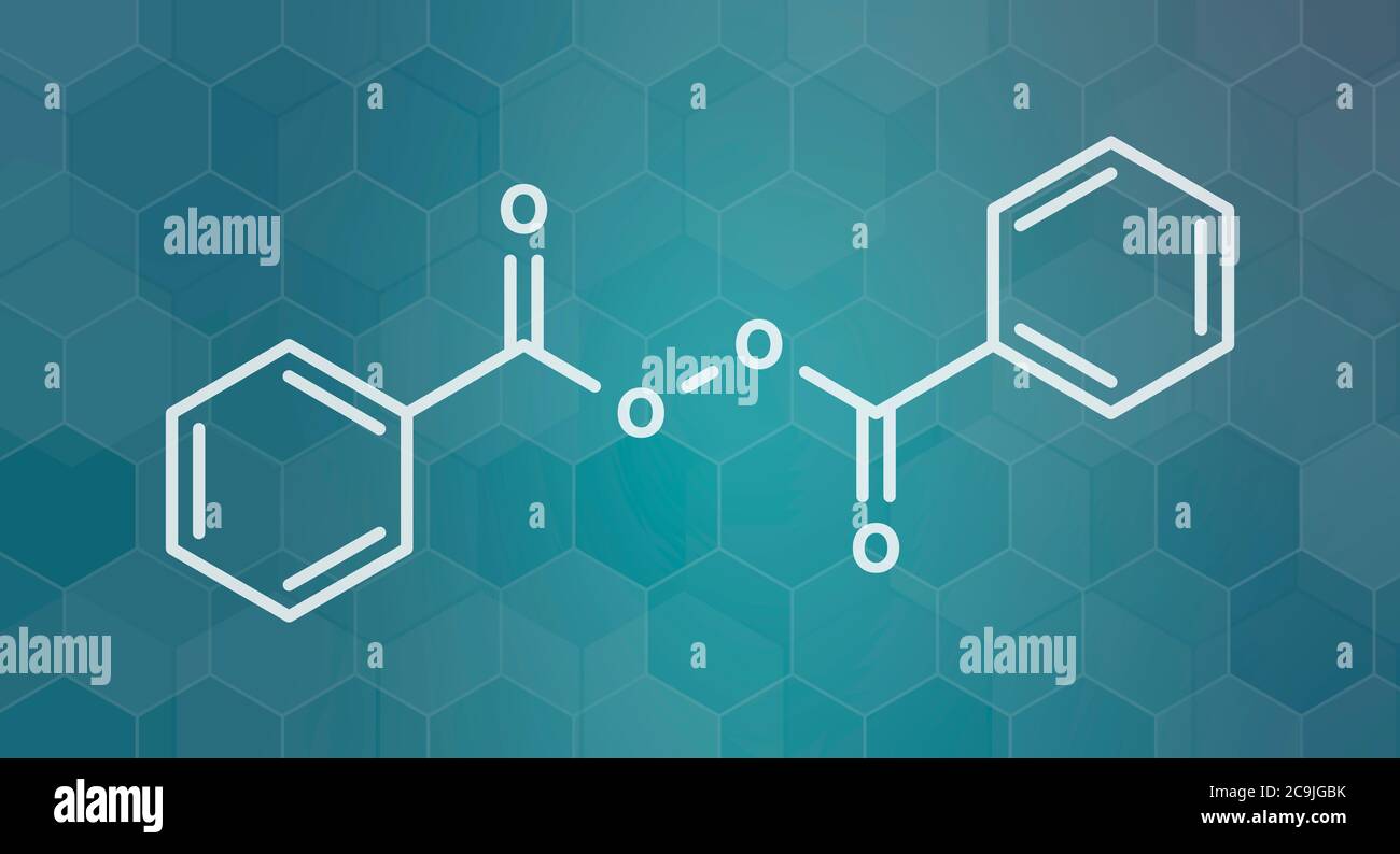 Molécule de médicament de traitement d'acné de peroxyde de benzoyle. Également utilisé pour teindre les cheveux et blanchir les dents (blanchiment). Formule blanche du squelette sur fond de gradient sarcelle foncé Banque D'Images