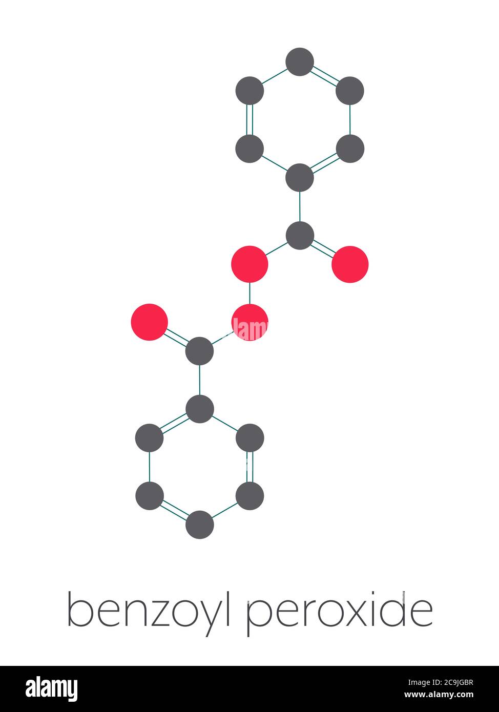 Molécule de médicament de traitement d'acné de peroxyde de benzoyle. Également utilisé pour teindre les cheveux et blanchir les dents (blanchiment). Formule squelettique stylisée (structure chimique). Ao Banque D'Images