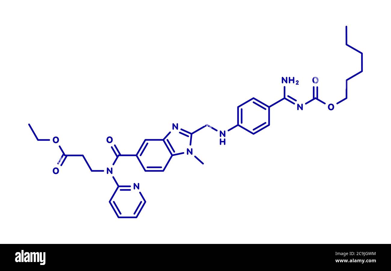 Molécule d'anticoagulant dabigatran (inhibiteur direct de thrombine). Formule squelettique bleue sur fond blanc. Banque D'Images