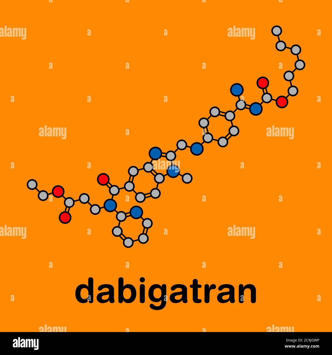 Molécule d'anticoagulant dabigatran (inhibiteur direct de thrombine). Formule squelettique stylisée (structure chimique). Les atomes sont représentés par un code couleur cir Banque D'Images