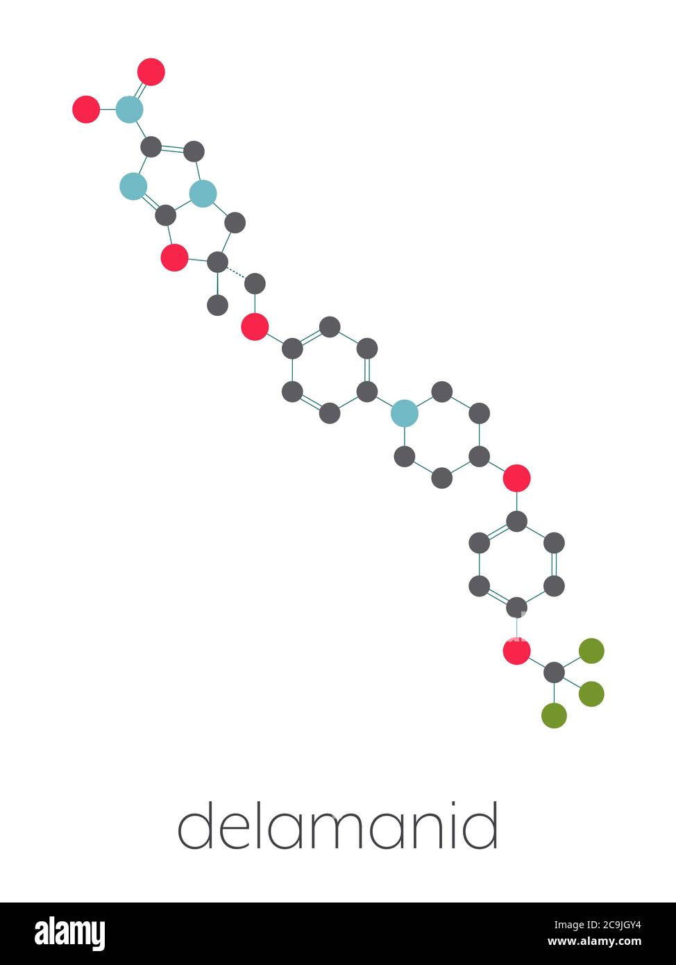 Molécule de médicament de tuberculose délamanide. Formule squelettique stylisée (structure chimique). Les atomes sont représentés par des cercles à code couleur reliés par des liaisons minces, Banque D'Images