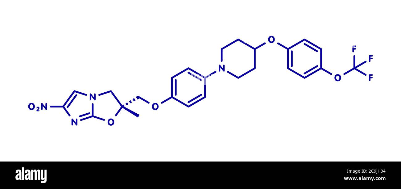 Molécule de médicament de tuberculose délamanide. Formule squelettique bleue sur fond blanc. Banque D'Images