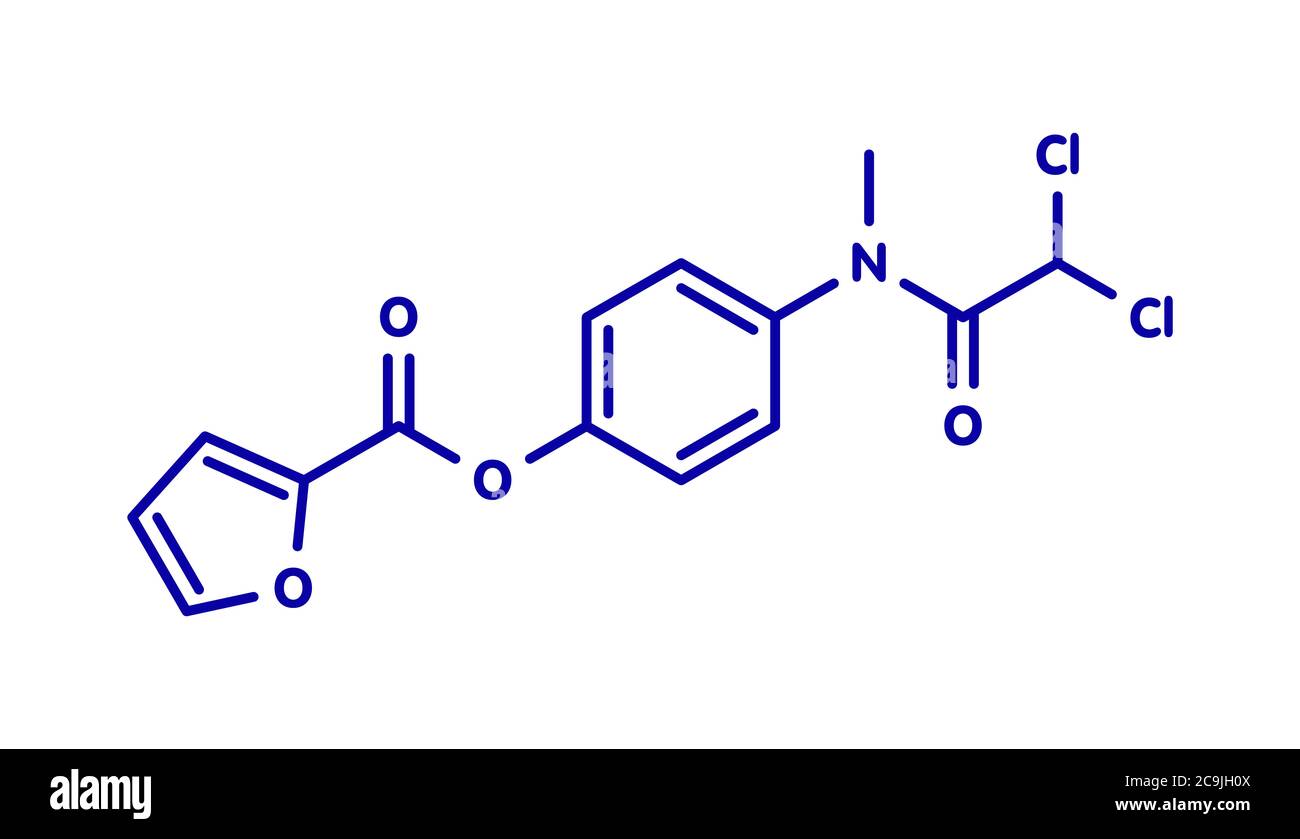 Diloxanide furoate amoebiasis molécule de médicament. Utilisé dans le traitement des infections histolytiques d'Entamoeba. Formule squelettique bleue sur fond blanc. Banque D'Images