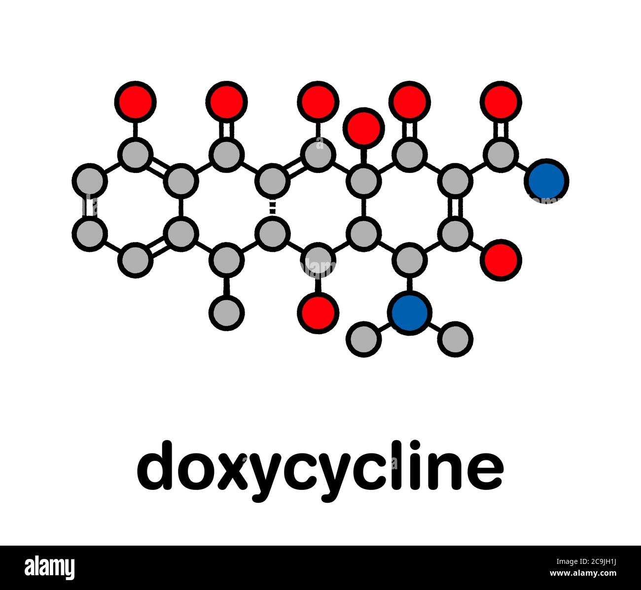 Molécule d'antibiotique de Doxycycline (classe tétracycline). Formule squelettique stylisée (structure chimique). Les atomes sont représentés par des cercles de couleur avec Banque D'Images
