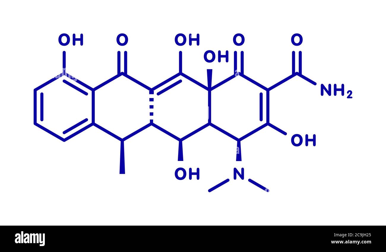 Molécule d'antibiotique de Doxycycline (classe tétracycline). Formule squelettique bleue sur fond blanc. Banque D'Images