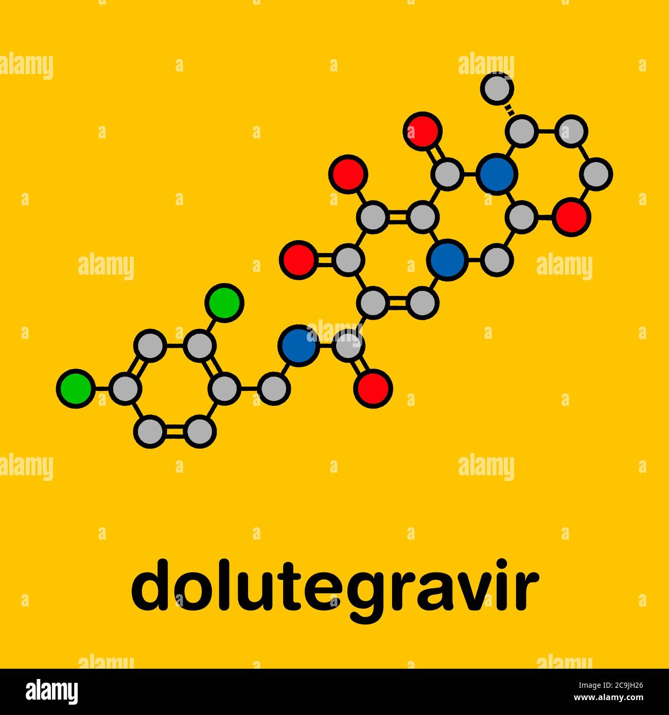 Molécule de médicament Dolutégravir contre le VIH. Classe antivirale d'inhibiteur d'intégrase. Formule squelettique stylisée (structure chimique). Les atomes sont représentés par un code de couleur ci Banque D'Images