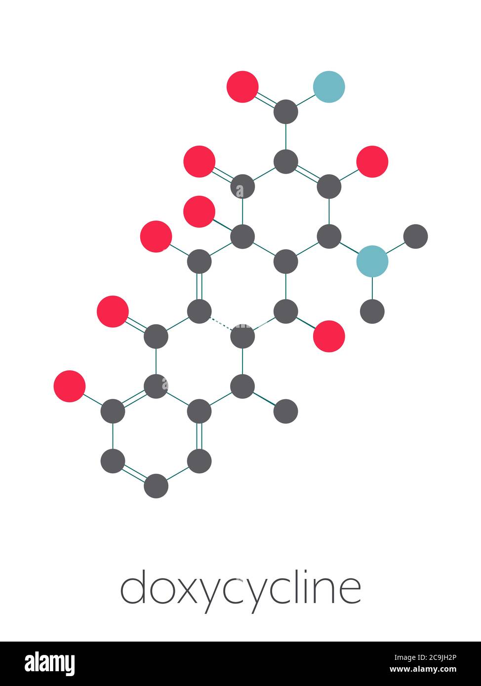 Molécule d'antibiotique de Doxycycline (classe tétracycline). Formule squelettique stylisée (structure chimique). Les atomes sont représentés par des cercles de couleur conn Banque D'Images