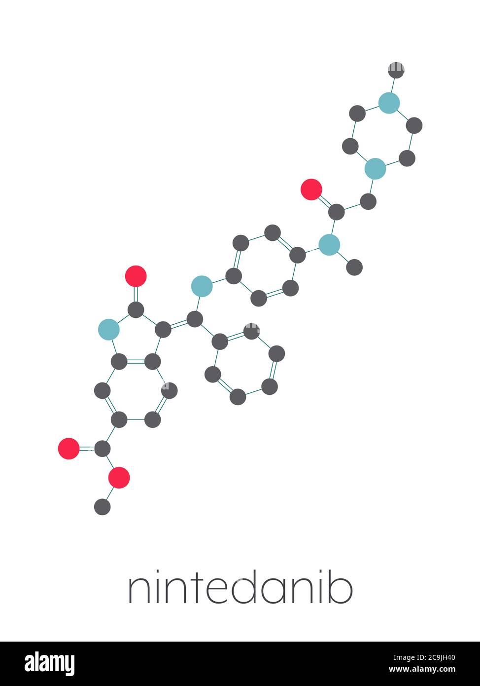 Molécule de médicament anticancéreux nintedanib. Inhibiteur d'angiogenèse. Formule squelettique stylisée (structure chimique). Les atomes sont représentés par des cercles de couleur Banque D'Images