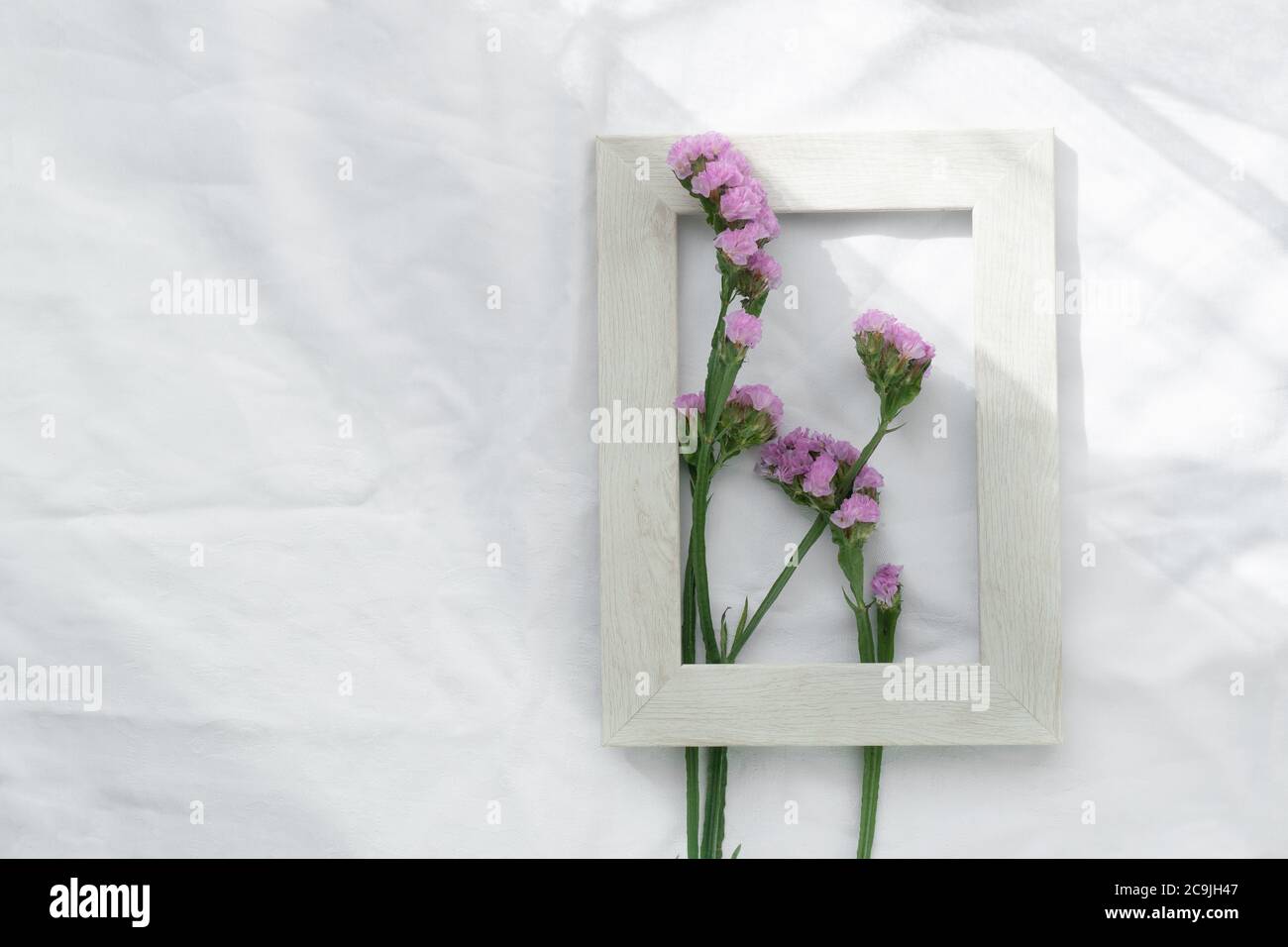 nature petite fleur pourpre en gris blanc cadre en bois sur fond de tissu de lumière du soleil Banque D'Images