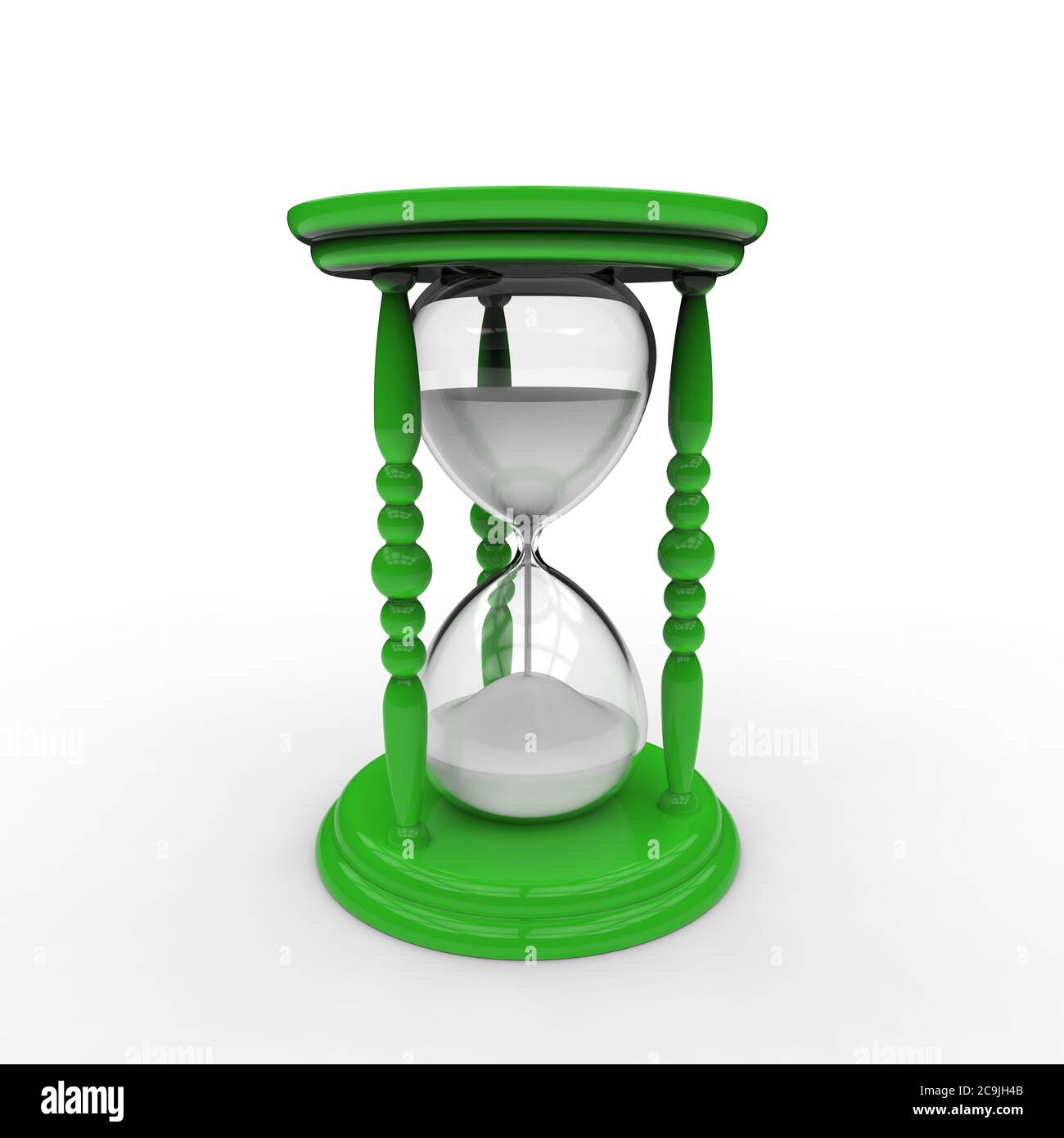 sablier ntique egg timer avec dans un cadre de couleur verte et sable blanc sur fond blanc Banque D'Images