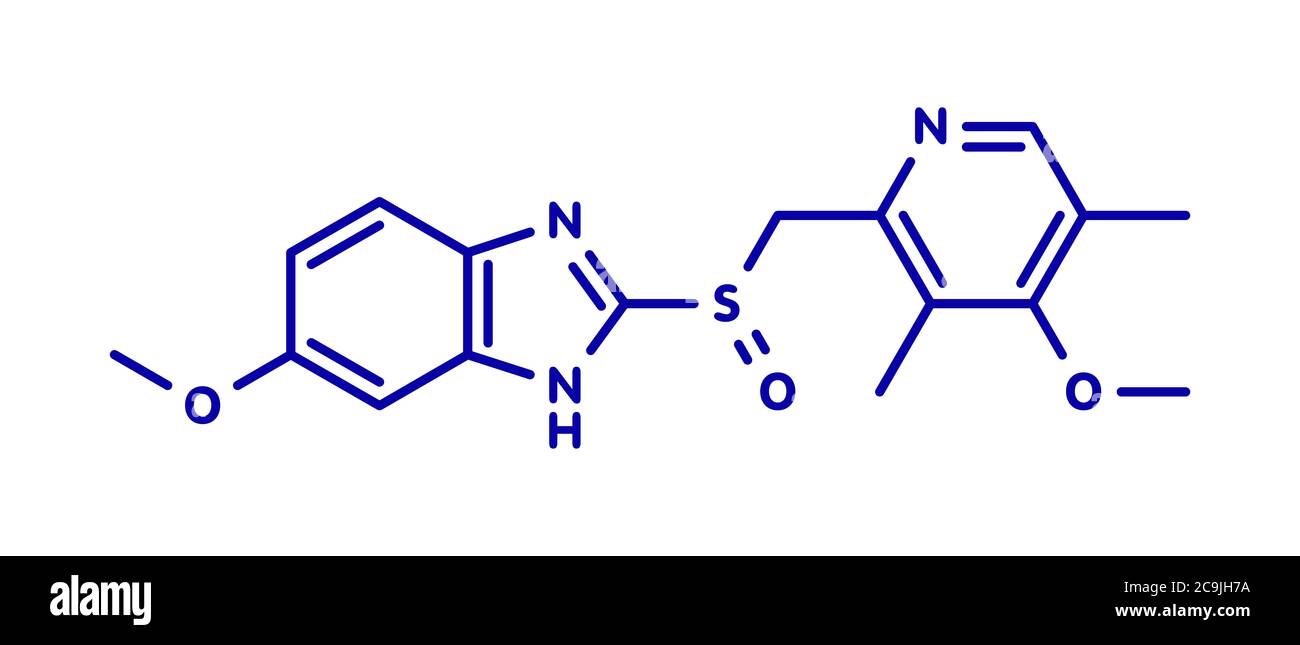 La dyspepsie de l'oméprazole et la molécule d'ulcère peptique (inhibiteur de la pompe à protons). Formule squelettique bleue sur fond blanc. Banque D'Images