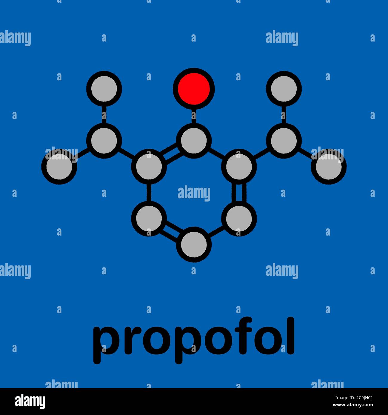 Molécule de médicament anesthésique de propofol. Formule squelettique stylisée (structure chimique). Les atomes sont représentés sous forme de cercles de couleur avec des contours noirs épais et un Banque D'Images