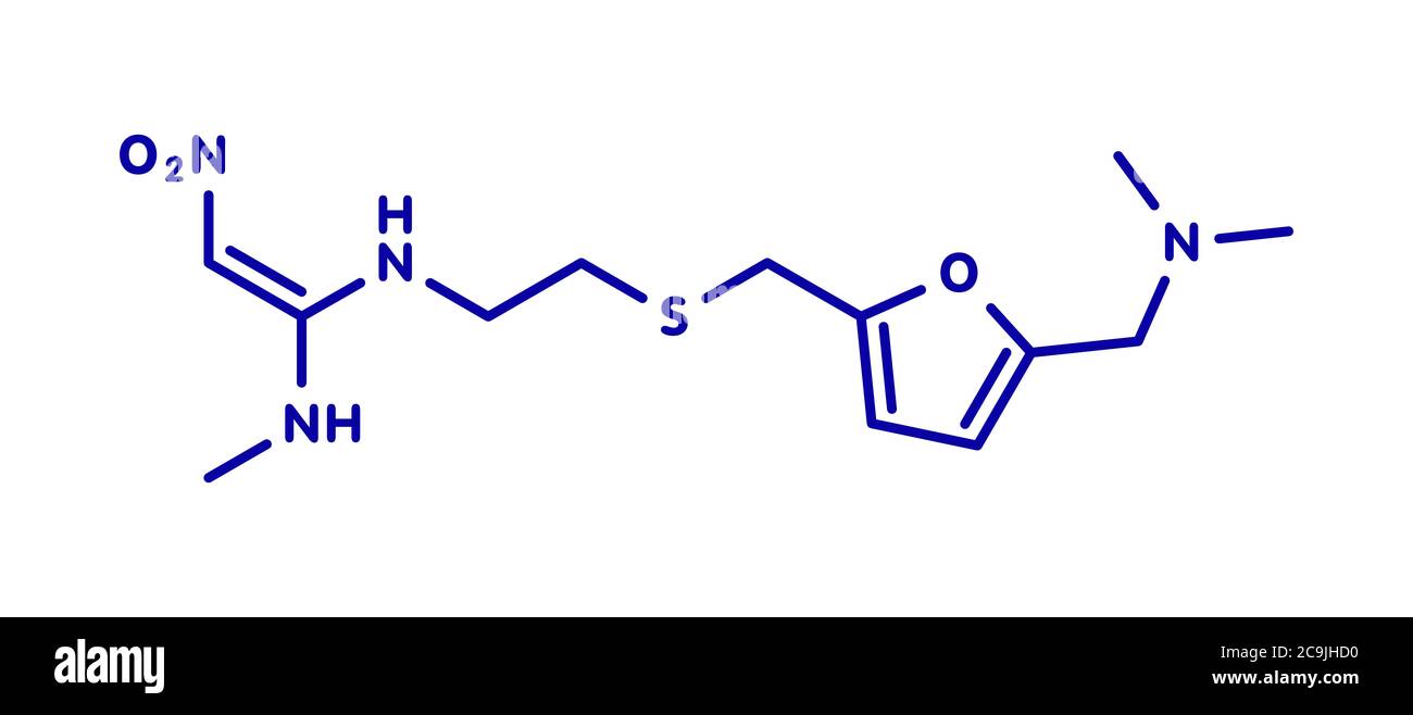 Molécule de médicament de l'ulcère peptique de Ranitidine. Bloque la production d'acide gastrique. Formule squelettique bleue sur fond blanc. Banque D'Images