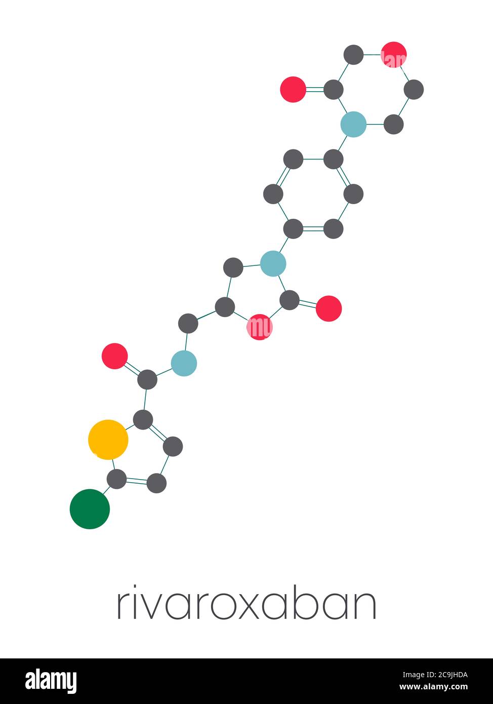 Molécule de médicament anticoagulant rivaroxaban (inhibiteur de facteur direct Xa). Formule squelettique stylisée (structure chimique). Les atomes sont représentés par un code de couleur c Banque D'Images