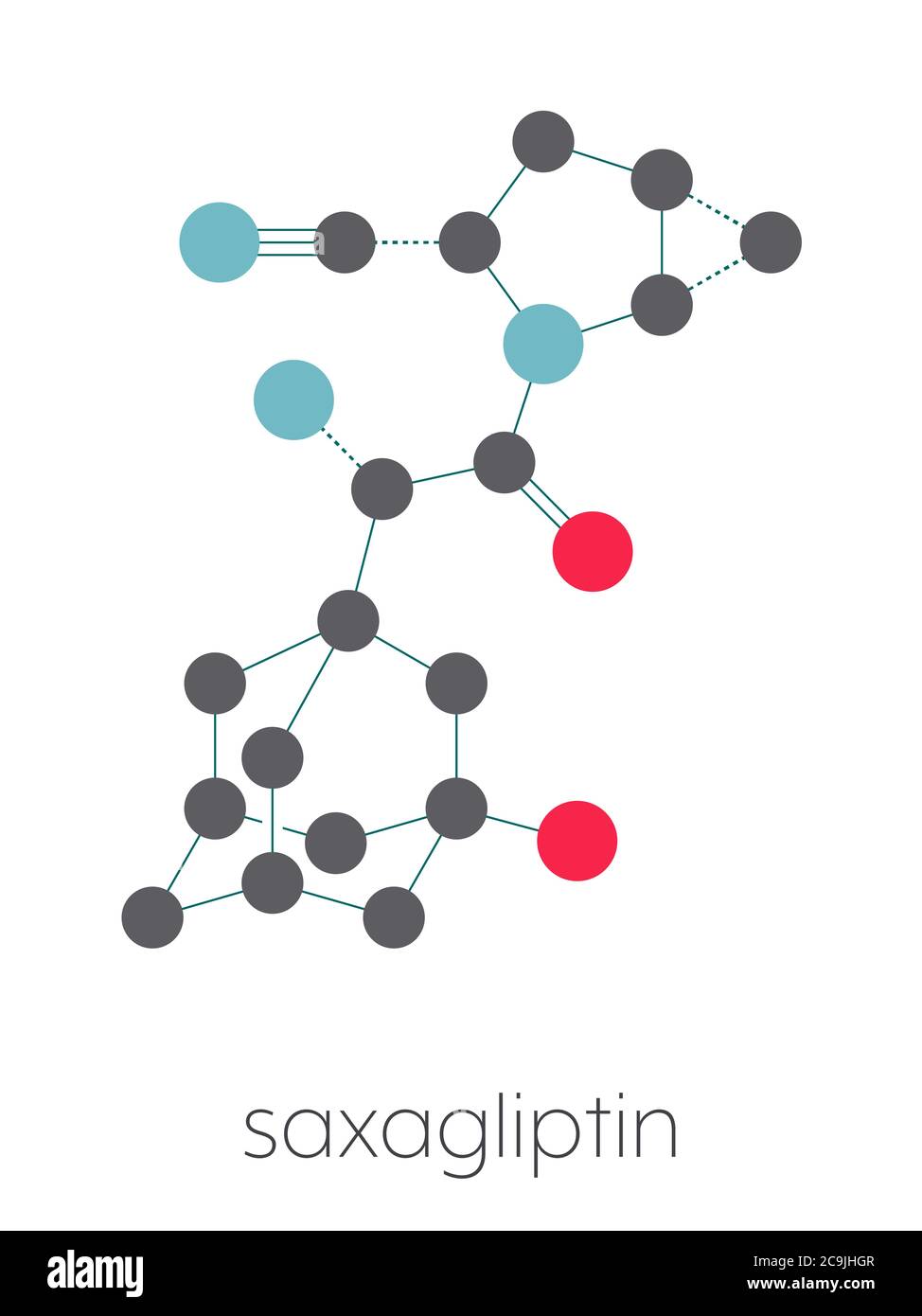 Molécule de drogue de saxagliptine pour le diabète. Inhibiteur de la dipeptidyl peptidase-4 (DPP4). Formule squelettique stylisée (structure chimique). Les atomes sont représentés par col Banque D'Images
