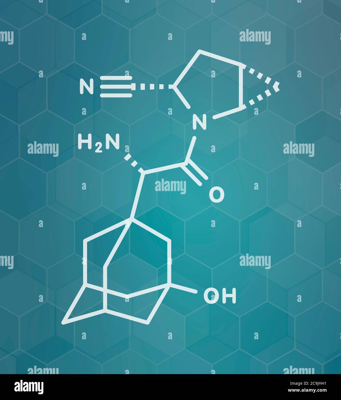 Molécule de drogue de saxagliptine pour le diabète. Inhibiteur de la dipeptidyl peptidase-4 (DPP4). Formule blanche du squelette sur fond de gradient sarcelle foncé avec hexagonal Banque D'Images