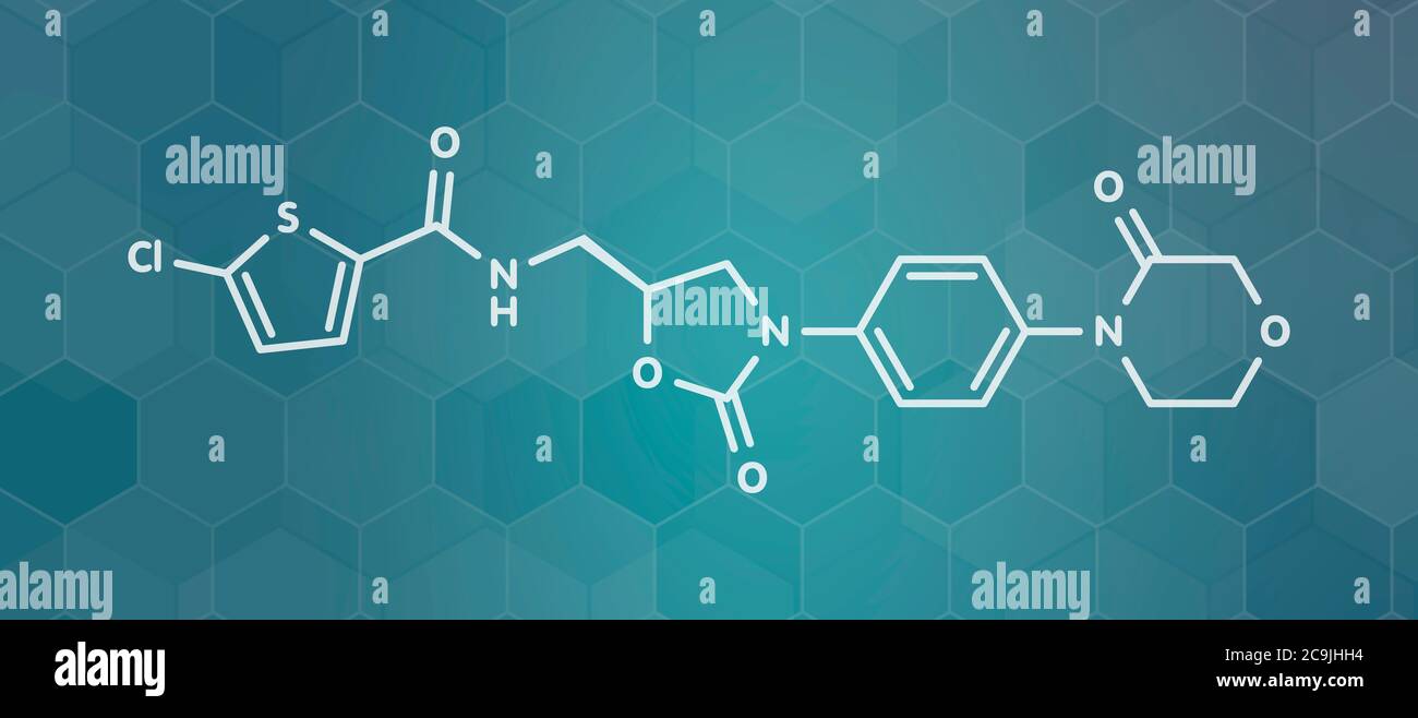 Molécule de médicament anticoagulant rivaroxaban (inhibiteur de facteur direct Xa). Formule blanche du squelette sur fond de gradient sarcelle foncé avec motif hexagonal. Banque D'Images